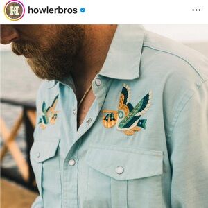 Howler Bros Gaucho Embroidered Pearl Snap Western Shirt Pelican Portage Men's L